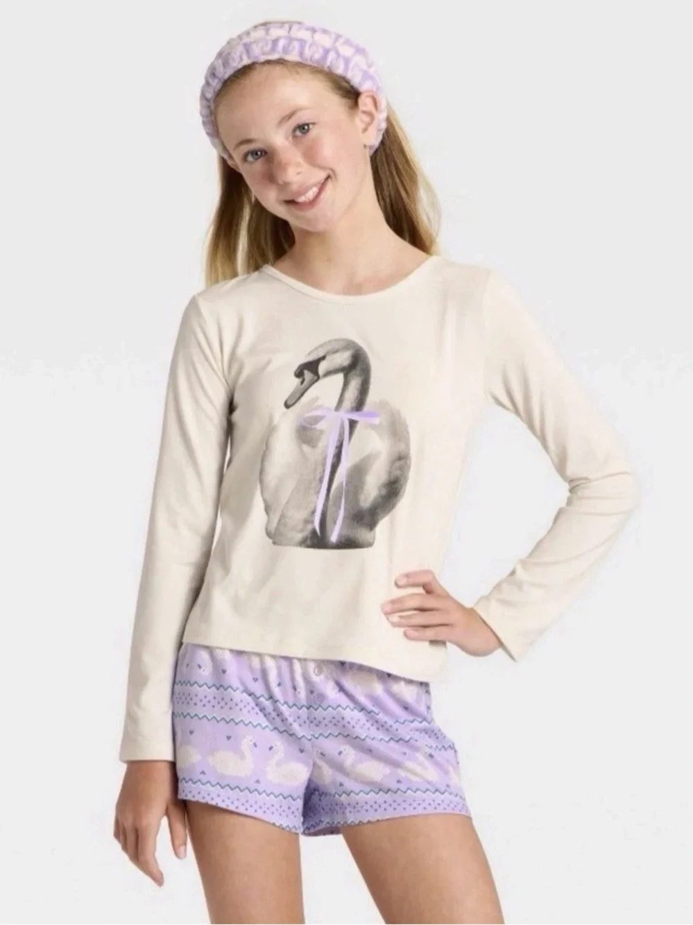 Art Class Girls XL 14/16 Long Sleeve Pajama Set W/Headband Purple Swan NWT